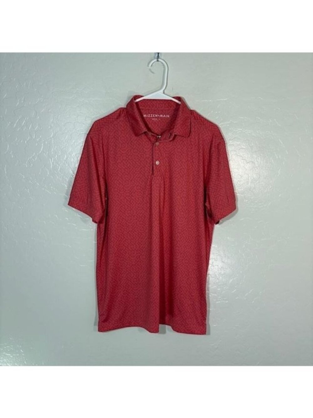 Mizzen+Main Polo Shirt Mens Medium Pink Geometric Golf Performance Stretch Trim